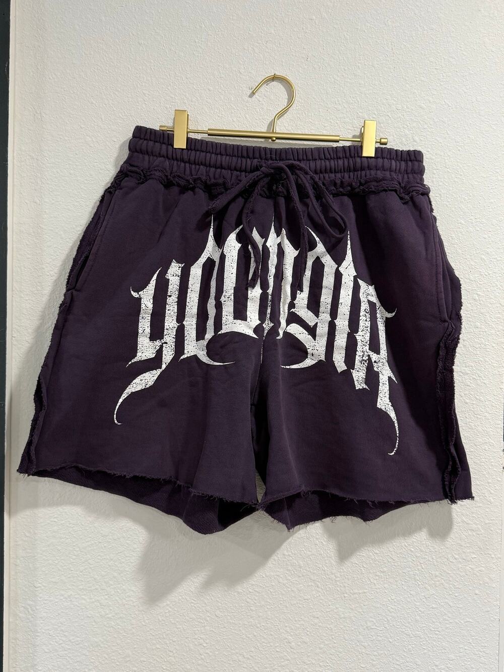 YoungLA 1009 Deconstructed Terry Shorts Mens L Purple Wash Gothic Logo Raw Hem